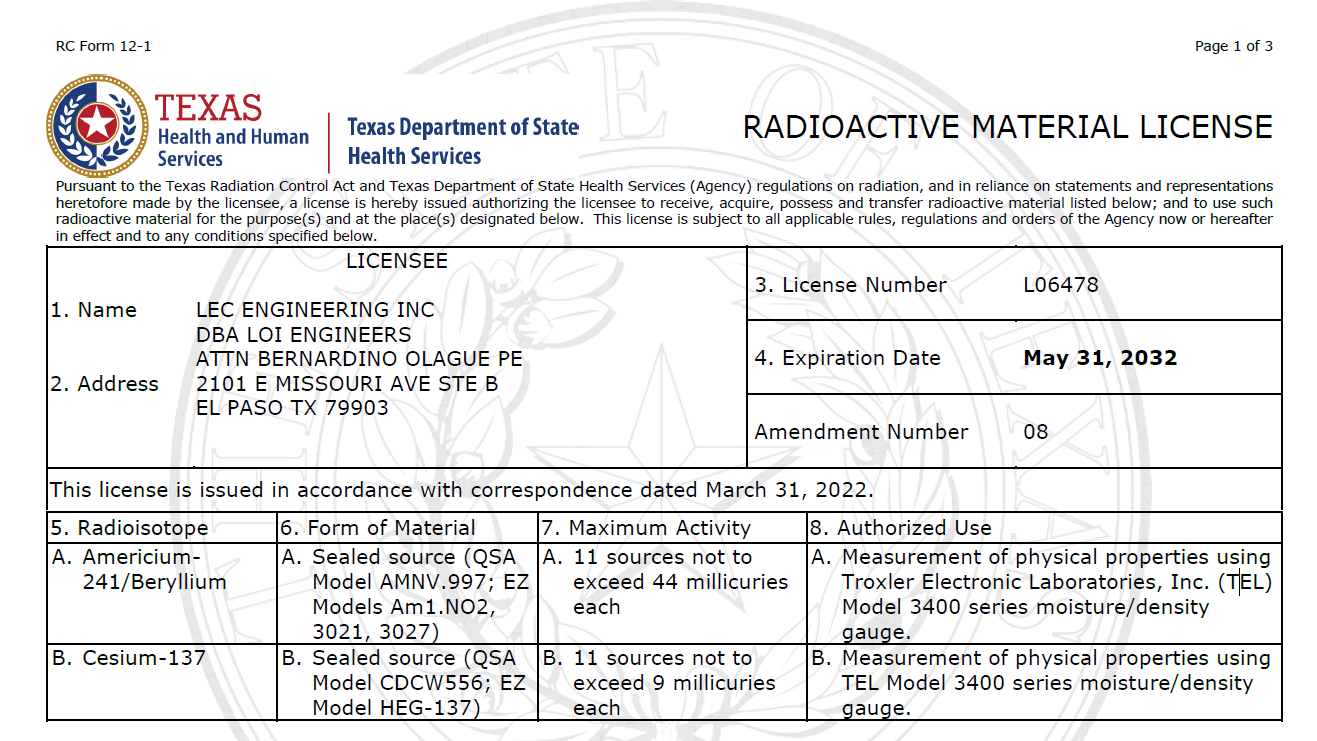 Health Services Radioactive License